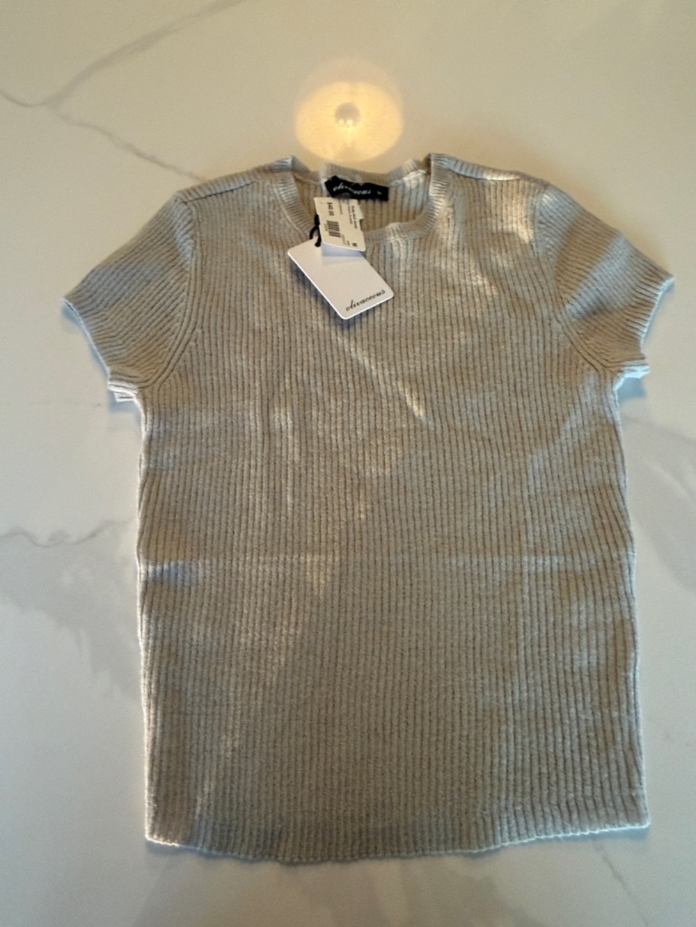 Short Sleeve Ribbed Sweater Tee in Light Gray